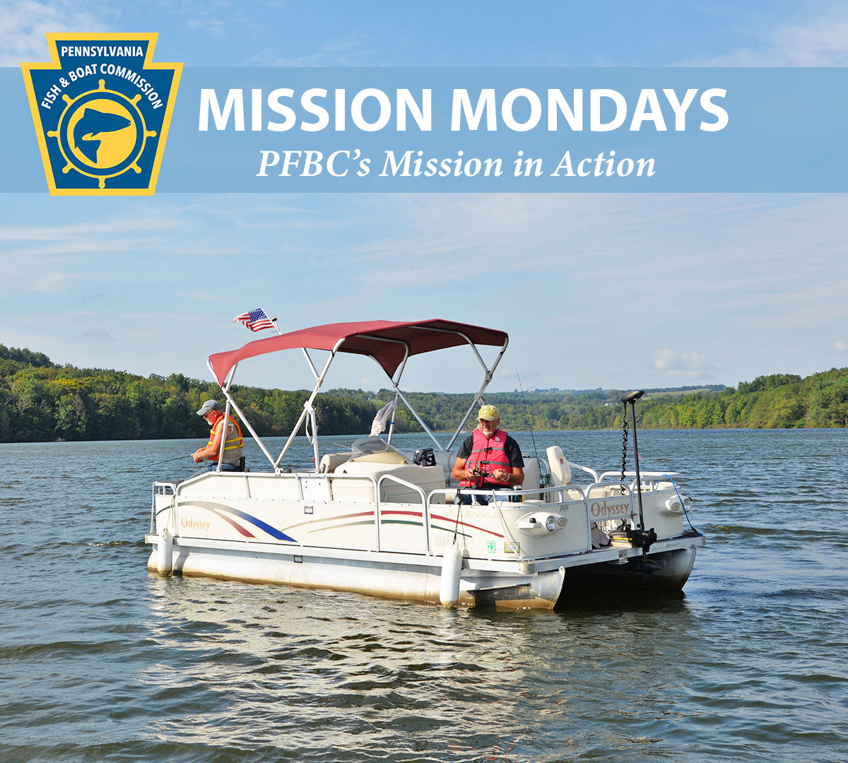 Two men wearing life jackets on a pontoon boat while boating in Prince Gallitzin State Park